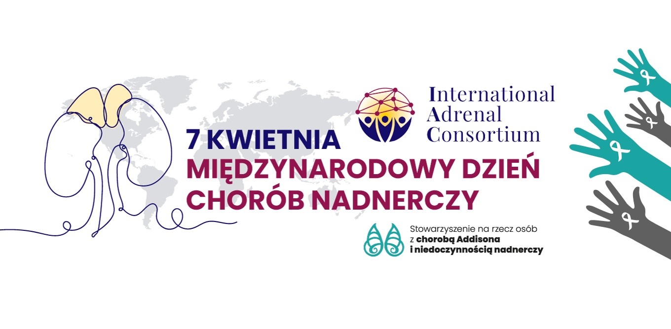 Międzynarodowy Dzień Świadomości Chorób Nadnerczy Na białym tle niebieskie dłonie, narysowane nerki i napis 7 kwietnia Międzynarodowy Dzień Świadomości Chorób Nadnerczy