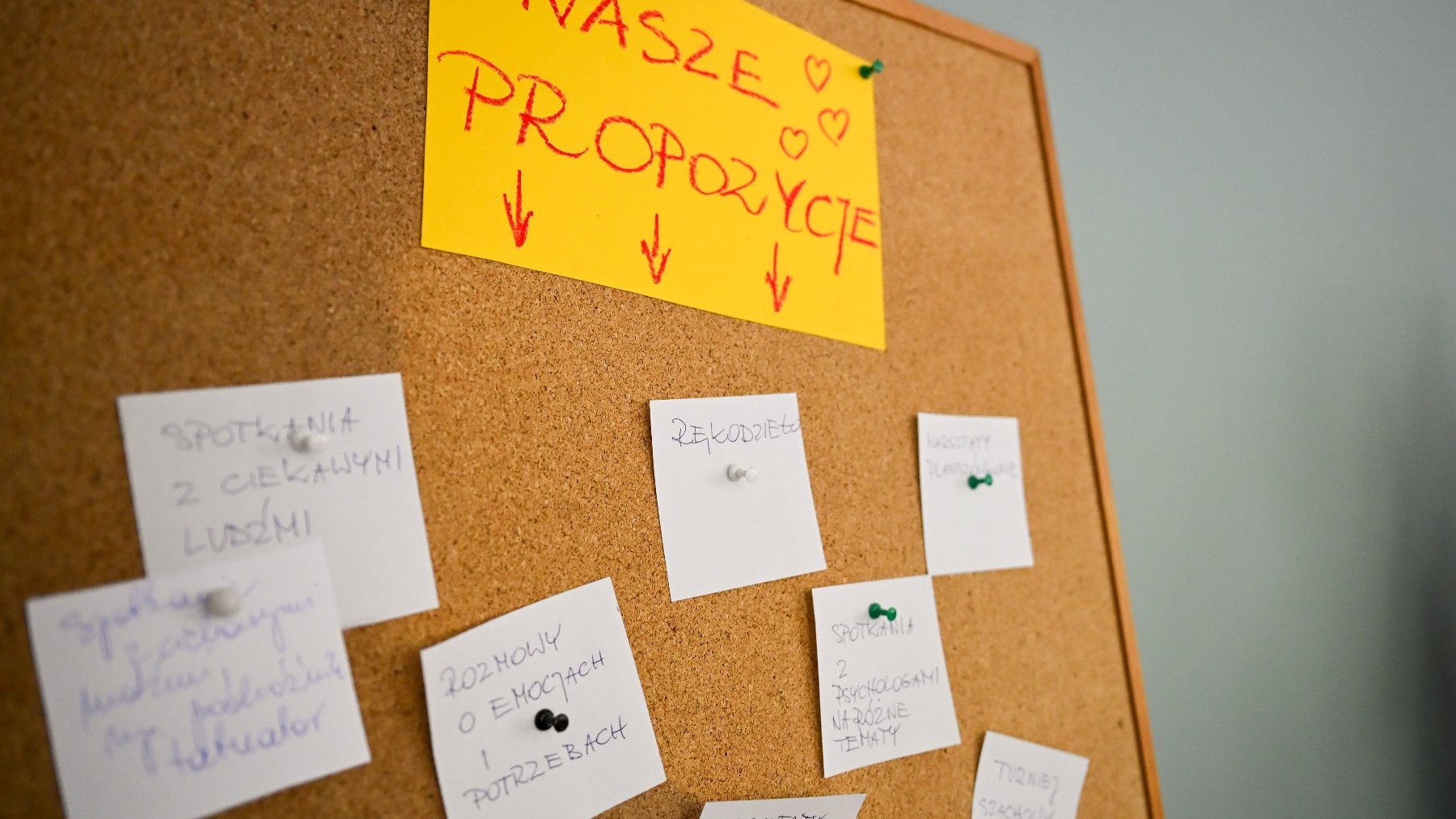 Na zdjeciu tablica korkowa, na niej kilka małych karteczek i jedna duża z napisem: nasze propozycje
