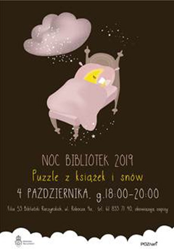 Plakat: brazowe tło. W łóżku śpi księżyc z książką.