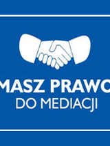 Plakat wydarzenia - uściśnięte dłonie na niebieskim tle, biały napis