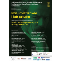 Plakat: VII Międzynarodowa Konferencja z cyklu Barwy Instrumentów Dętych - Muzyka Mistrzów. W tle portret I.J. Paderewskiego