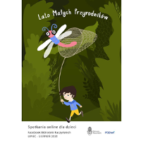 Plakat wydarzenia - chłopiec z latawcem na zielonym tle, napis "lato małych przyrodników"