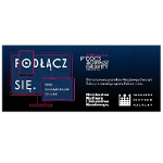 Na granatowym tle monitor komputera z napisem "Podłącz się". Po prawej wymienieni sponsorzy.