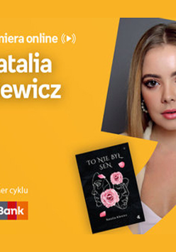 Plakat ze zdjęciem autorki i okładką książki w prawej części. W części lewej imię i nazwisko na pomarańczowym tle.