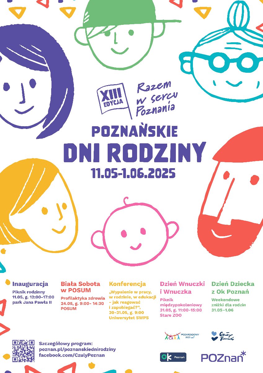 Poznańskie Dni Rodziny Plakat poznanskich dni rodziny z narysowanymi buziami i informacjami co gdzie kiedy