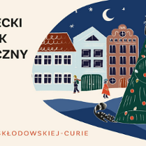 Po prawej stronie plakatu znajduje się świąteczna ilustracja miasteczka nocą, z udekorowaną choinką na środku, kolorowymi kamienicami w tle oraz postaciami spacerującymi między stoiskami. Z lewej strony informacje o wydarzeniu zawarte w treści artykułu.