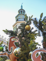 Zdjęcie przedstawia gałązki choinki z ozdobami. W tle widać Ratusz.