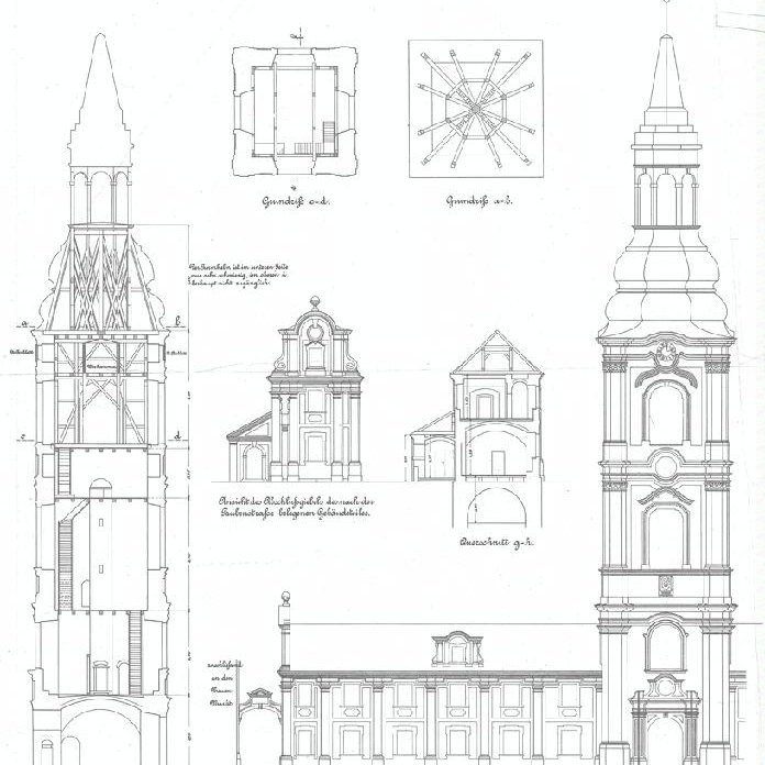 Rysunek przedstawiający elewację oraz przekrój przez farę