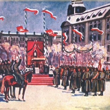 Żołnierze piesi i konni składają przysięgę na placu.