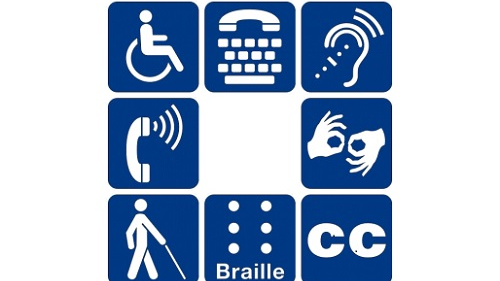 Na białym tle 8 rysunków, piktogramów przedstawiających rówżne rodzjae niepełnosprawności: wzroku, ruchu, słuchu, ale też oznaczenia języka migowego, napisów na filmie, alfabetu Braila czy pętli indukcyjnej. - grafika artykułu