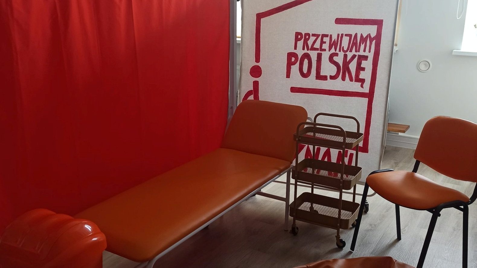 Kororystyka rudo-pomarańczowa, w centrum leżanka do przewijania osób z niepełnosparwniościami, obok parawan, krzesło, stolik na kółkach i napis Przewijamy Polskę - grafika artykułu