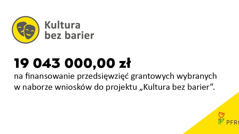 na białym tle logo projektuKultura bez barier i suma dziewiętnaście milionów czterdzieści trzy tysiące zżłotych. w prawym dolnym rogu na żółtym tle logo PFRON - grafika artykułu