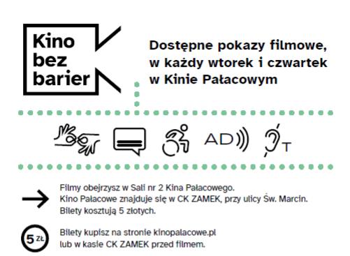 Grafika zawiera tekst Kino Bez Barier oraz symbole dostępności dla osób z niepełnosprawnościami - grafika artykułu