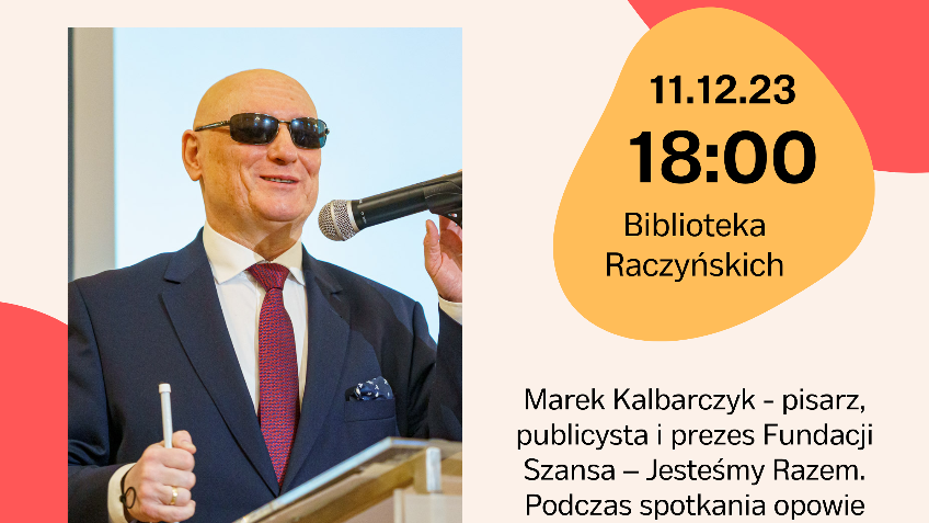 wizerunek mężczyzny w ciemnych okularach, data wydarzenia oraz patroni spotkania