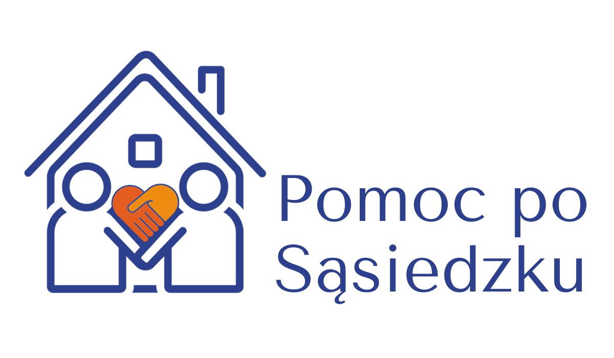 Rysunek domku przed którym dwie osoby podają sobie dłonie napis Pomoc po Sąsiedzku