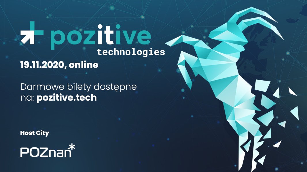 Grafika. Biały napis na zielonym tle: Pozitive Technologies 19.11.2020, online. - grafika artykułu