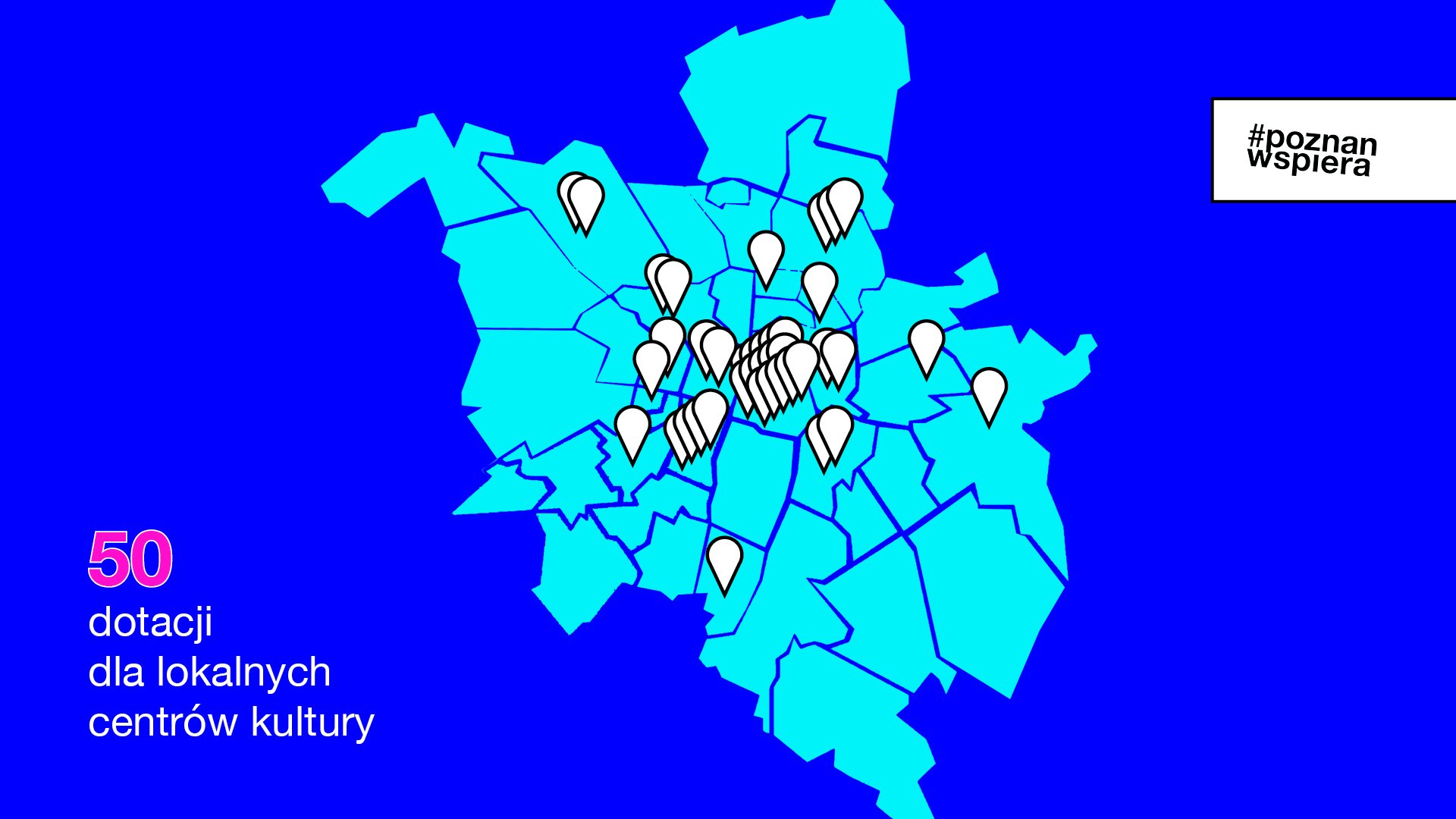 Grafika przedstawia mapę Poznania z zaznaczonymi punktami, w których działają lokalne centra kultury. - grafika artykułu