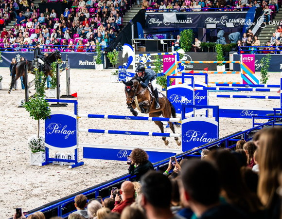 Jeździec na koniu skaczący przez przeszkodę