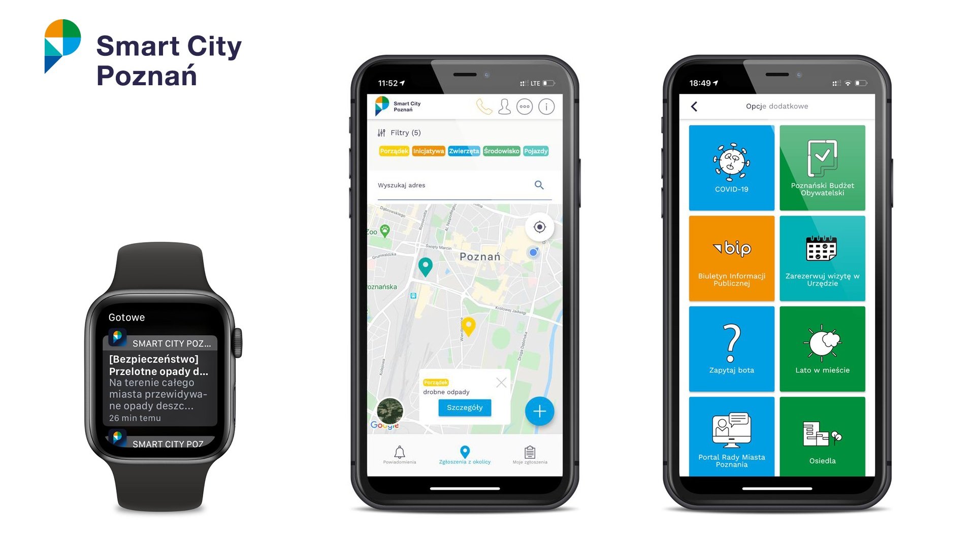 Na grafice trzy urządzenia obok siebie: smartwatch i dwa smartfony. Na każdym z nich inny ekran aplikacji Smart City Poznan - grafika artykułu