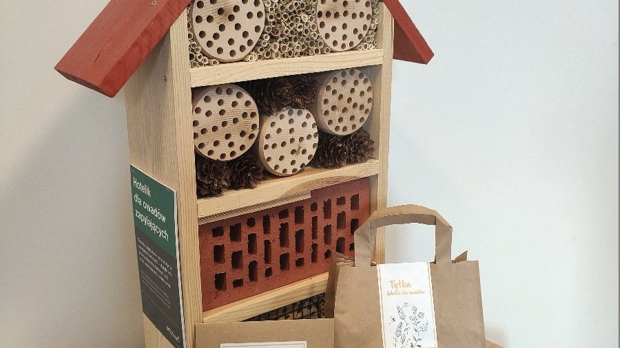 Zdjęcie przedstawia domek dla owadów oraz brązowe torebki oraz nasiona w saszetkach.