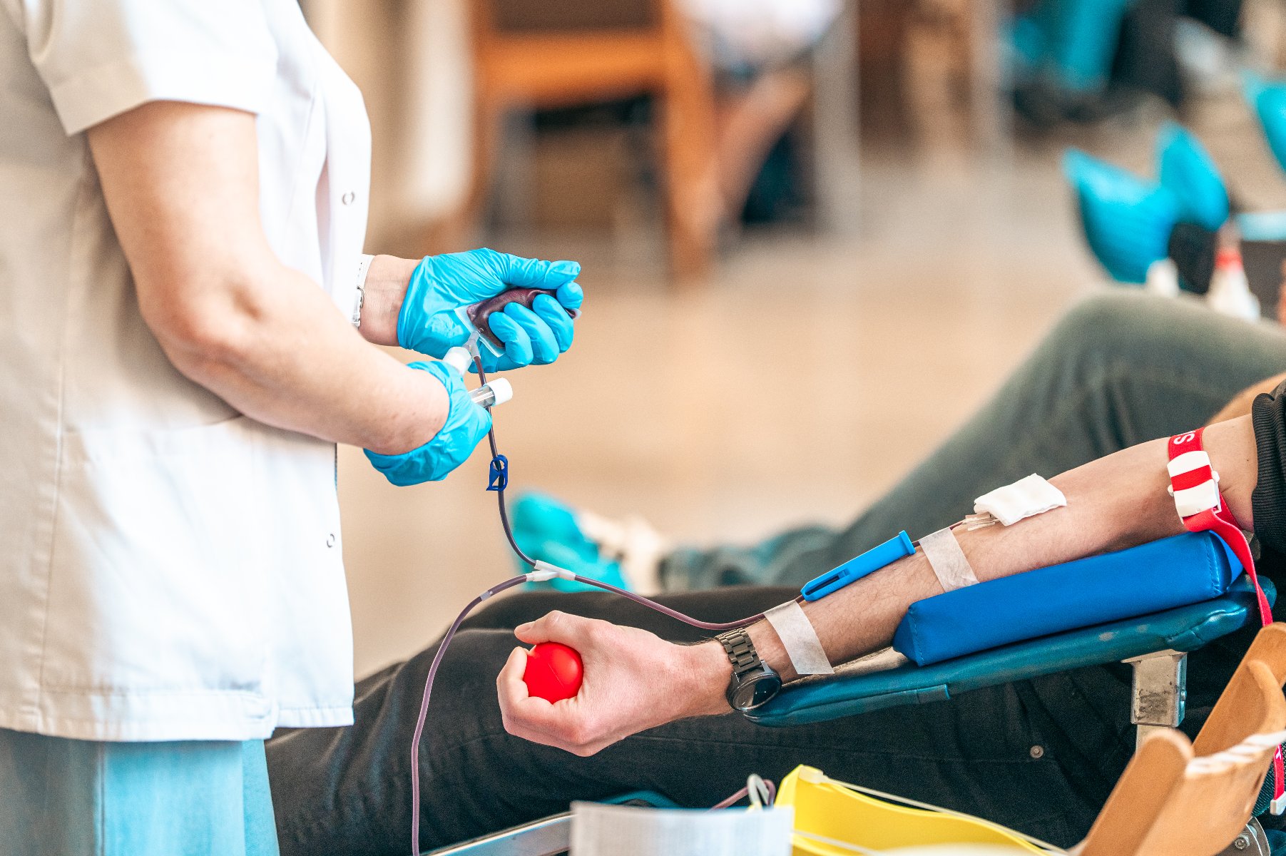 Dawcom przysługują dwa dni wolne od pracy, nauki lub zajęć akademickich Na zdjeciu człowiek oddający krew, widać jego dłoń i ręce pielęgniarki