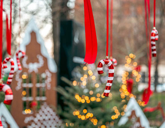 Na zdjeciu świąteczne lizaki wiszące na czerwonych wstążkach, w tle widać choinki rozświetlone lampkami