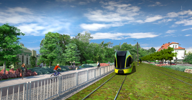 Poglądowa wizualizacja trasy tramwajowej na Naramowice na wysokości parku Kosynierów