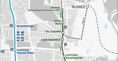 Schemat trasy tramwajowej na Naramowice z nowymi nazwami przystanków