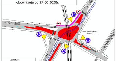 Schemat zmian organizacji ruchu na skrzyżowaniu ulic Roosevelta, Libelta, Pułaskiego i Poznańskiej