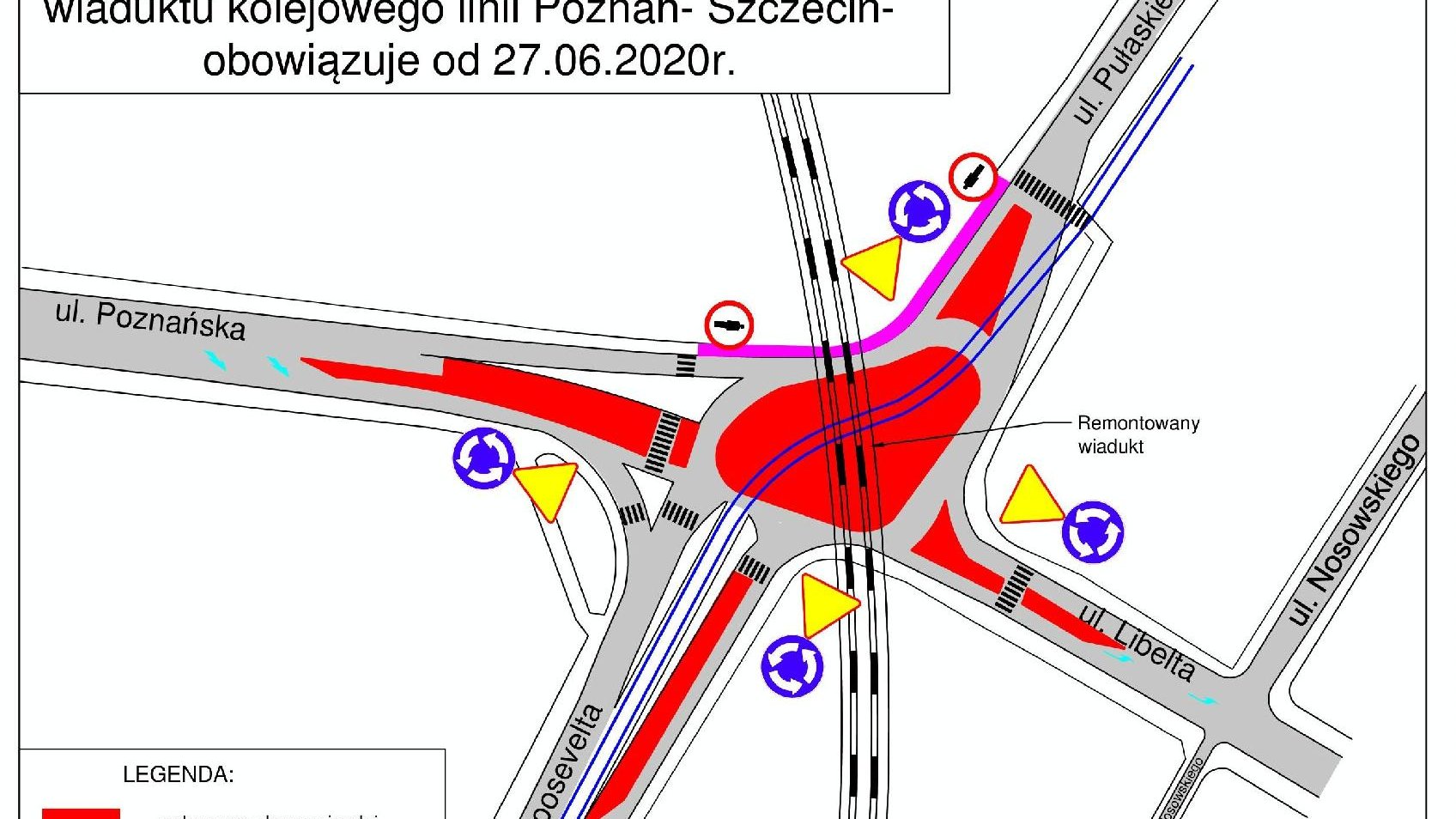 Schemat zmian organizacji ruchu na skrzyżowaniu ulic Roosevelta, Libelta, Pułaskiego i Poznańskiej
