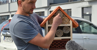 Adrian Suszka, pszczelarz, trzyma dom dla owadów, jedną ręką wskazuje na jego zawartość