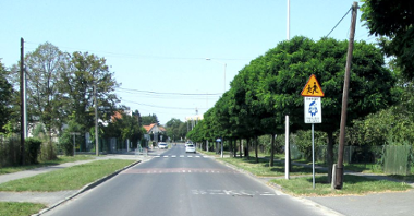 Zdjęcie przedstawia ul. Sarmacką. W oddali widać jadące samochody, a na pierwszym planie znak z napisem "Uwaga przejście dla dzieci"