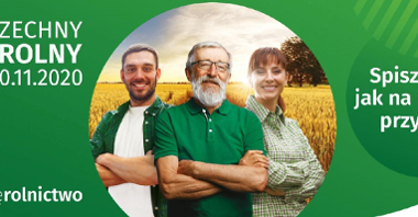 Ilustracja przedstawia plakat promujący Powszechny Spis Rolny. Na zdjęciu znajduje się trójka ludzi na tle pola ze zbożem