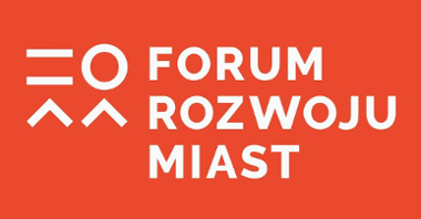 Grafika z napisem "Forum Rozwoju Miast" na pomarańczowoczerwonym tle i z logo wydarzenia