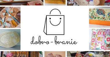 Grafika: w środku logotyp Dobro-brania, wokoł niego małe zdjęcia przedmiotów, jakie będzie można kupić na kiermaszu: ceramika, poduszka, torba, rękodzieło