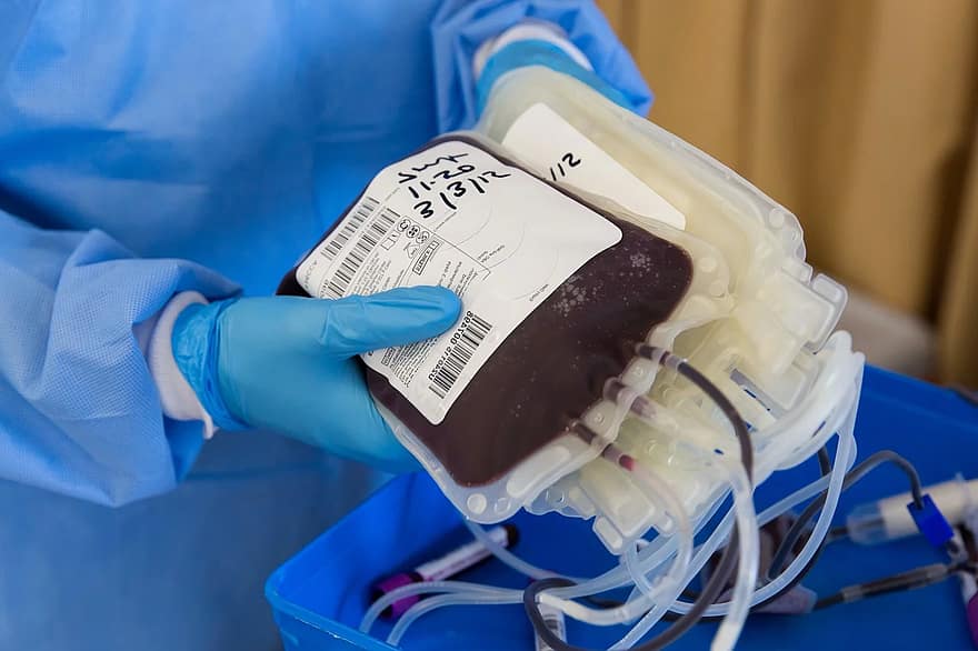 Na zdjęciu dłonie osoby w lekarskich rękawiczkach, trzymające worki z osoczem i krwią - grafika artykułu