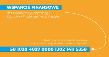 Grafika: na pomarańczowym tle informacja o tym, na jakie konto można przesyłać wsparcie finansowe dla szpitala