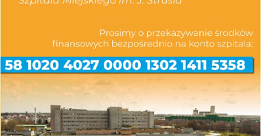 Grafika: na pomarańczowym tle informacja o tym, na jakie konto można przesyłać wsparcie finansowe dla szpitala, poniżej zdjęcie szpitala z lotu ptaka