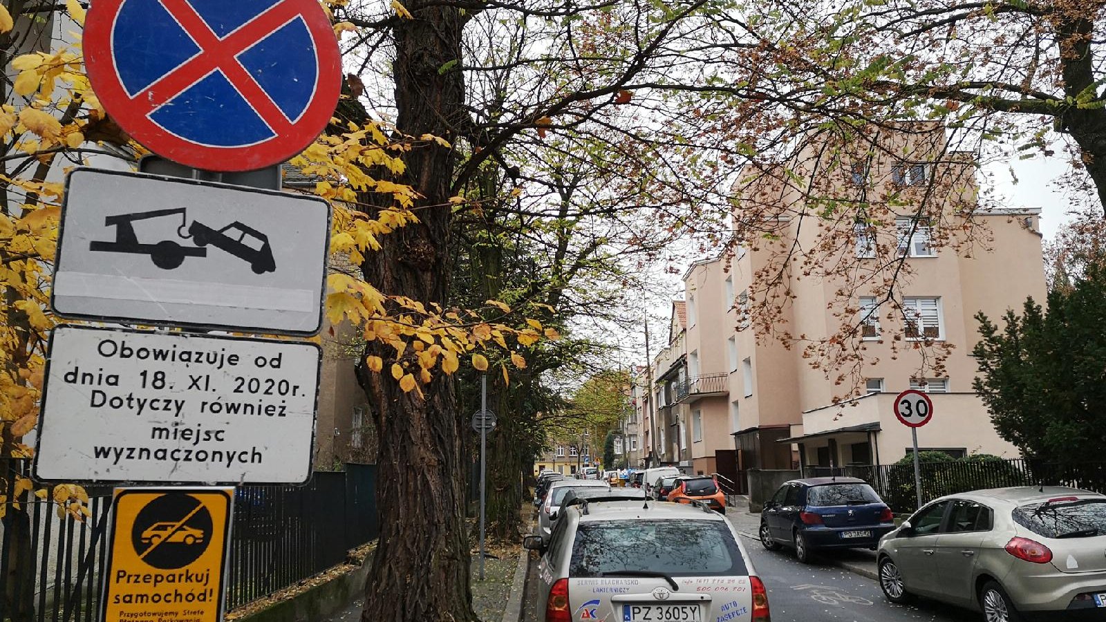 Znak informujący o przeparkowaniu samochodów. Na ulicy samochody i jesienne drzewa
