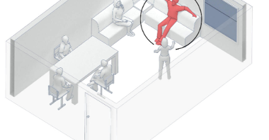 Infografika: schamatyczny rysunek ludzi w pokoju, jedna sylwetka jest czerwona, inne szare