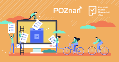 Grafika przedstawia ekran komputera, ludzi niosących kartki praz ludzi jadących na rowerach. Na górze znajduje się napis Poznań oraz Poznański Budżet Obywatelski.