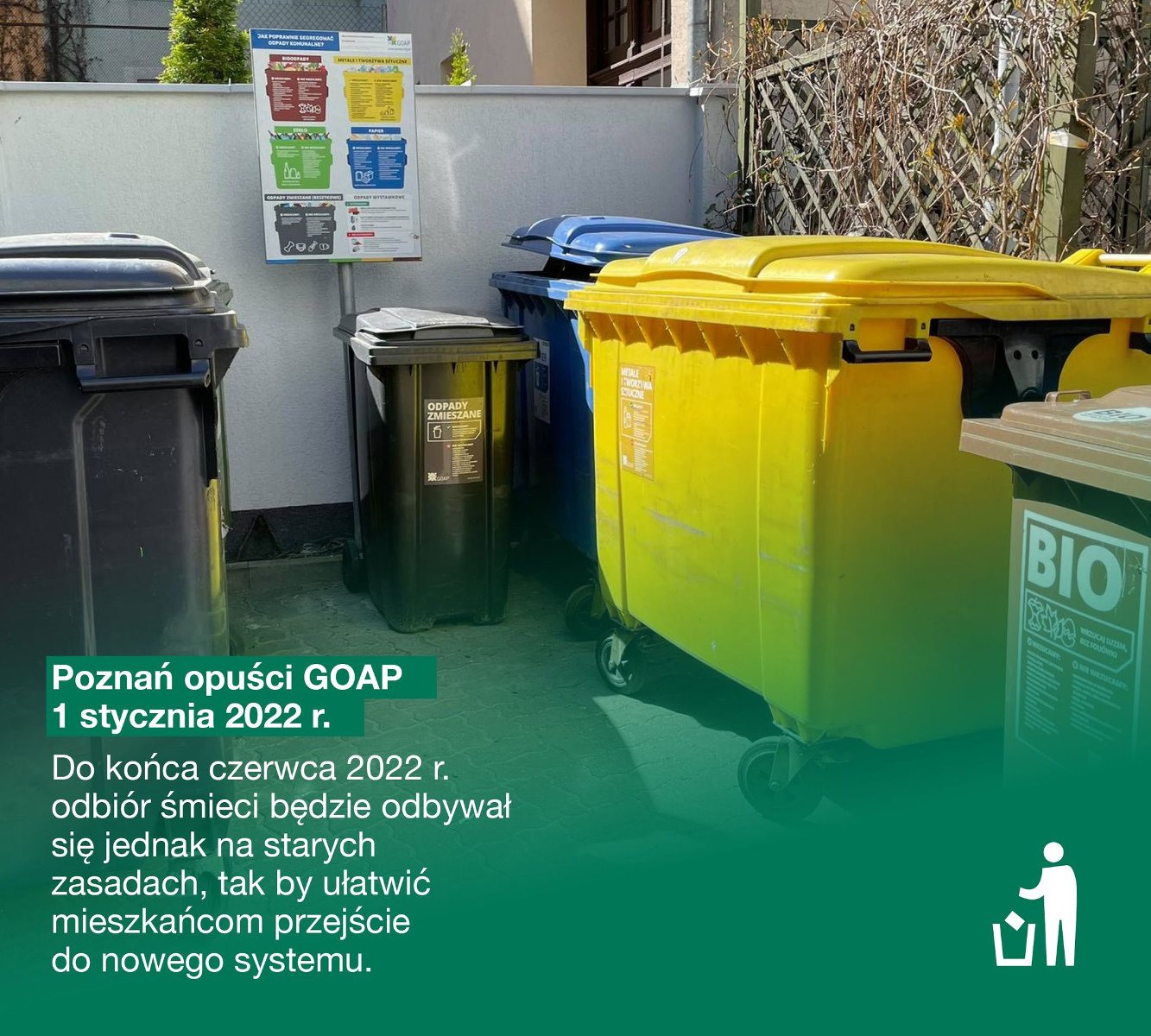 Na zdjęciu różnokolorowe pojemniki na odpady, pod nimi tekst: informacja o wyjściu Poznania z ZM GOAP - grafika artykułu