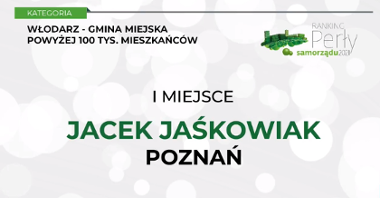 Kadr z gali online: grafika z nazwiskiem zwycięzcy - Jacka Jaśkowiaka, prezydenta Poznania