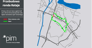 Mapa pokazująca objazdy wokół ronda Rataje