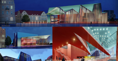 Kolaż wizualizacji przedstawiających budynek teatru z różnych perspektyw, z zewnątrz i od wewnątrz