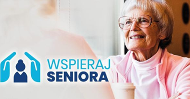 Grafika: portret starszej kobiety, obok napis: wspieraj seniora