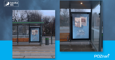 Grafika przedstawia zdjęcia plakatów z rysunkiem książki na przystanku.