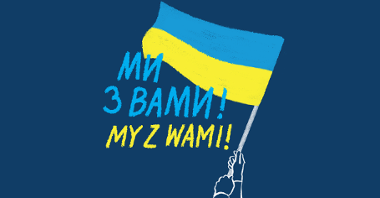 Grafika: flaga Ukrainy, na jej tle napis: my z Wami