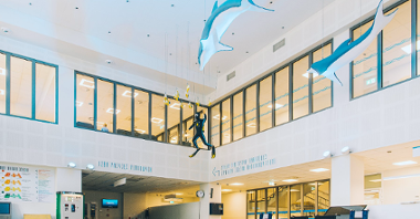 Na zdjęciu szpitalny hol, u sufitu podwieszane delfiny i figura płetwonurka