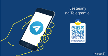Grafika: na niej dłoń trzymająca telefon, obok napis: Jesteśmy na Telegramie!